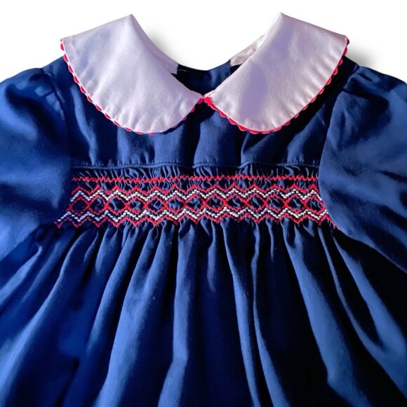 Vintage 1980s Baby Girls Smocked Dress Sz 6 to 12 Month Navy Blue Red White - Picture 4 of 8
